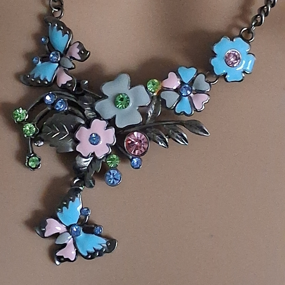 Silvertone Floral Butterfly Necklace with Blue and Pink Accents - Picture 5 of 10